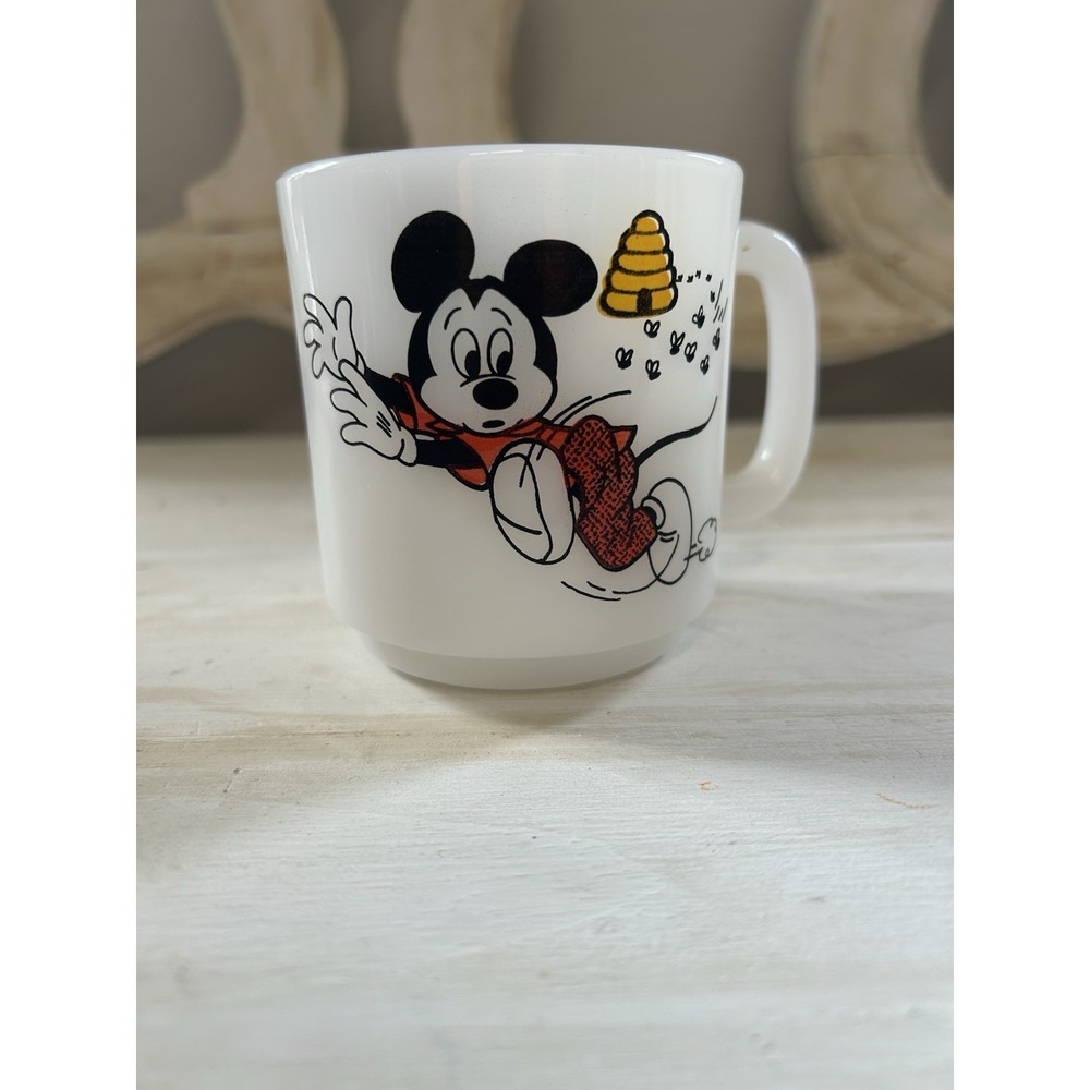 Vintage Mickey Mouse Club and Beehive Bees Libbey Milk Glass Coffee Cup‎ Mug